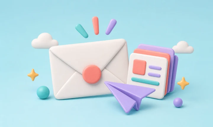 Email campaign illustration with an envelope, paper plane, and message cards.