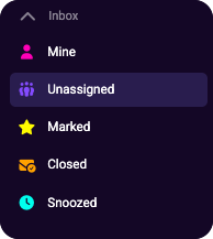 Inbox sidebar with folders for mine, unassigned, marked, closed, and snoozed conversations.