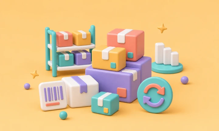 Colorful 3D illustration of inventory boxes, shelves, and refresh icons