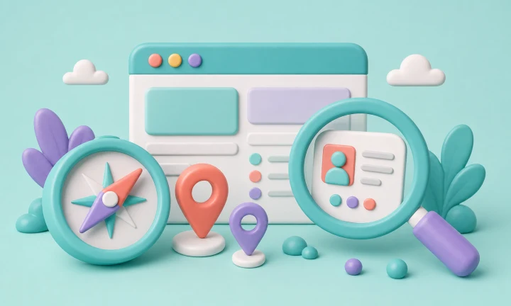 3D illustration of visitor tracking with a website, map pins, and a magnifying glass