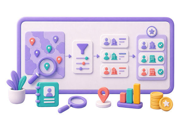 Lead prospector interface with search filters and a location radius map for finding companies by area.