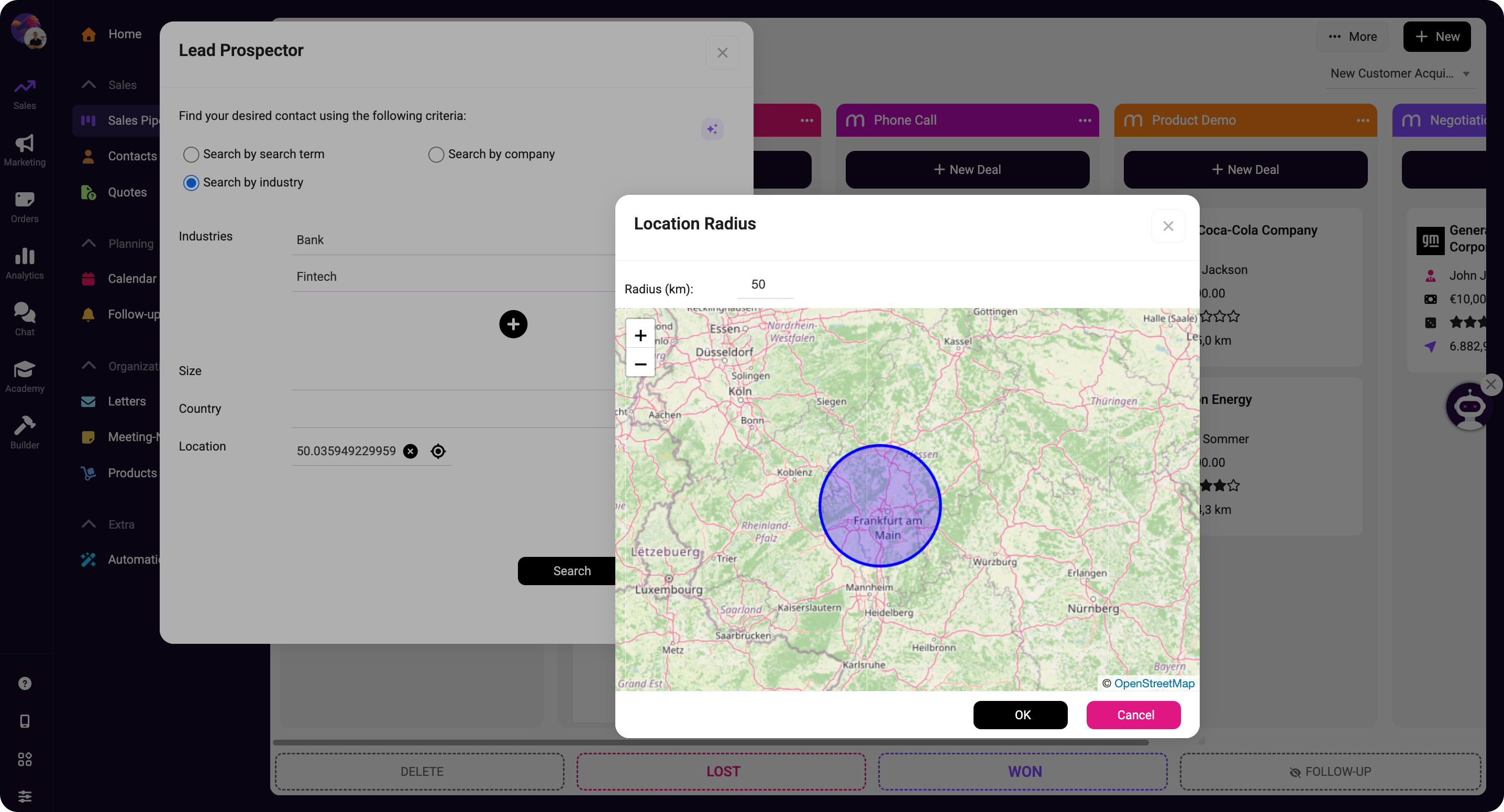 Lead search form set to industry filtering, with Bank and Fintech selected as target industries.