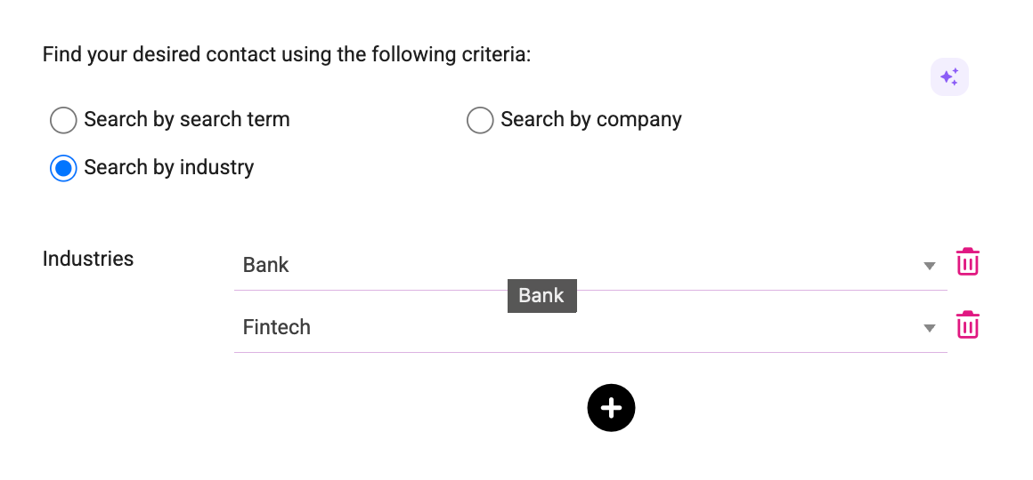 Lead prospect search form with industry filters for bank and fintech