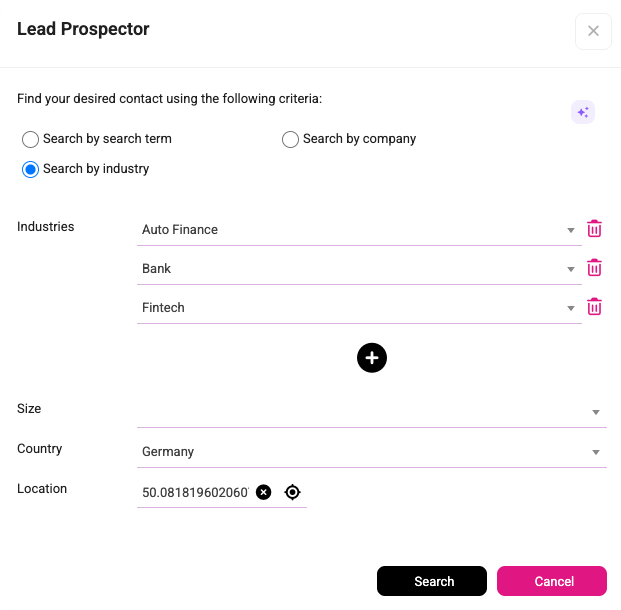 Lead Prospector search dialog with industry filters, country set to Germany, and a location field for finding qualified leads