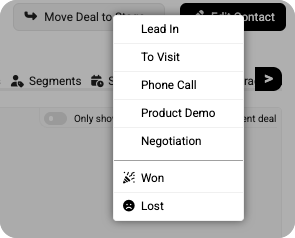 CRM kanban board showing consulting sales deals in early stages, including pre-visit and negotiation columns.