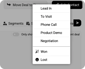 CRM-Kanban-Board mit Beratungsverkäufen in frühen Phasen, einschließlich Vor-Ort-Besuch und Verhandlung.