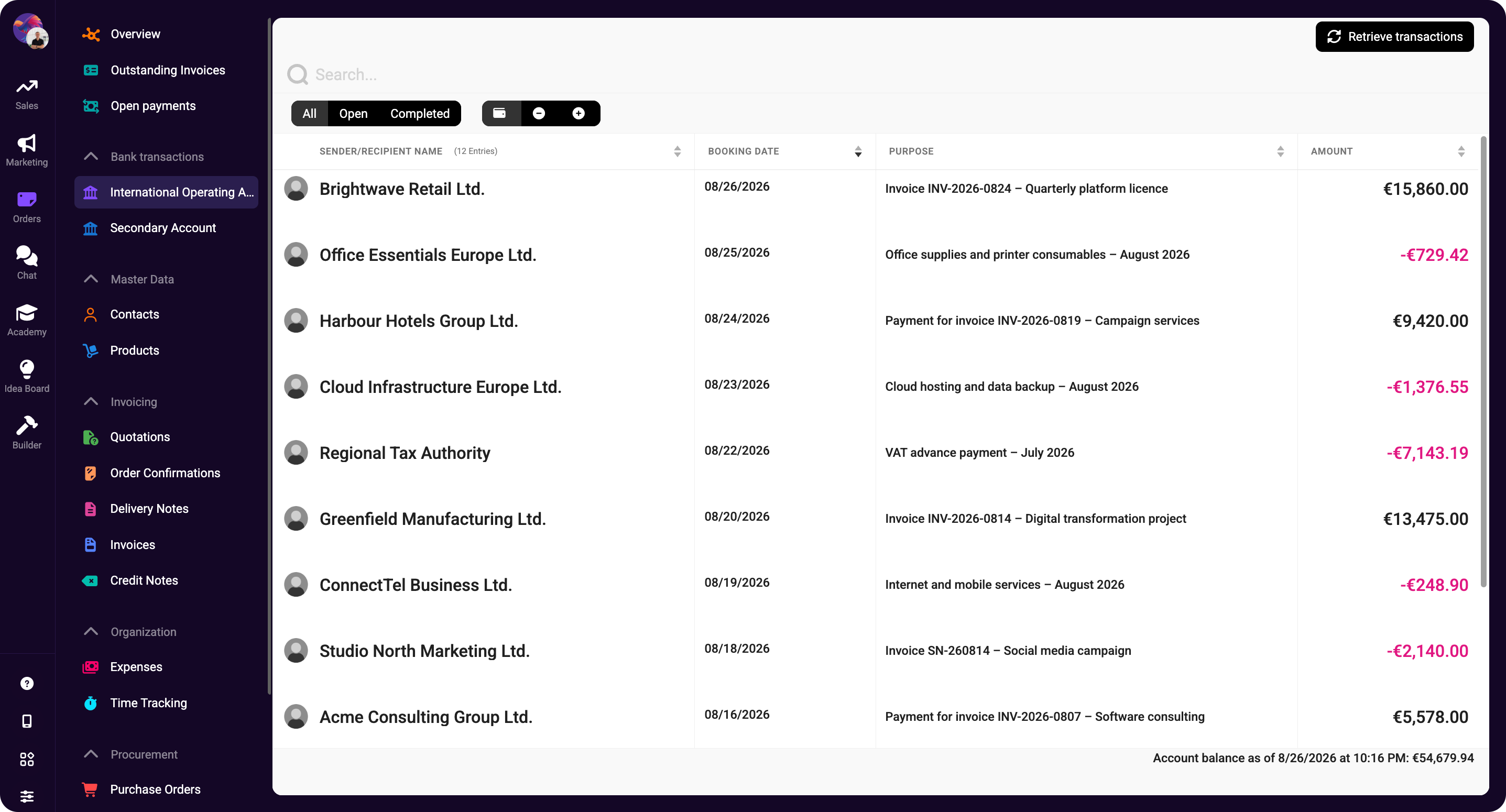 Transaction review dashboard showing bank transactions, filters, and amounts for matching payments