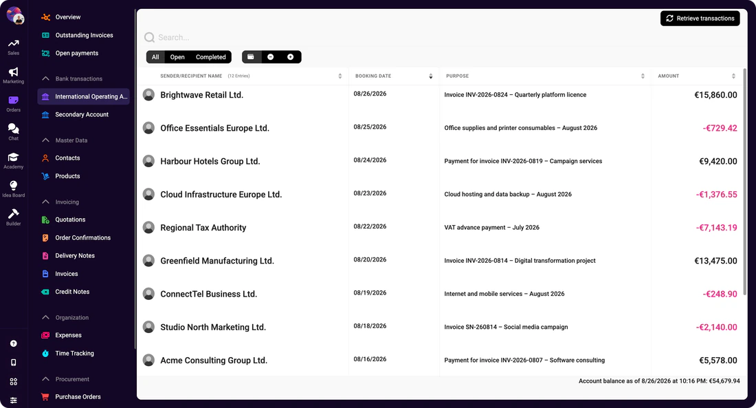 Dashboard zur Transaktionsprüfung mit Banktransaktionen, Filtern und Beträgen zum Zuordnen von Zahlungen