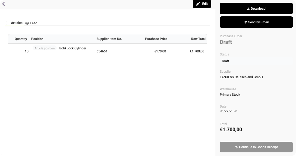 Draft purchase order screen showing a line item for Bold Lock Cylinder, supplier details, total price, and a button to continue to goods receipt.
