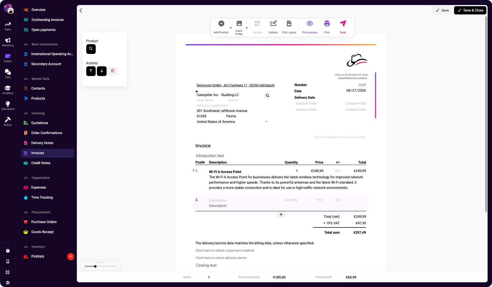 Invoice editor showing a line-item invoice inside the Mister James order processing interface.