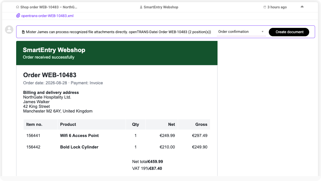 Order email with a recognized webshop invoice attachment and a create document action for turning the order into a business record.