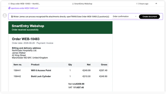 Bestellmail mit erkanntem Webshop-Rechnungsanhang und einer Aktion zum Erstellen eines Dokuments, um die Bestellung in einen Geschäftsdatensatz zu überführen.