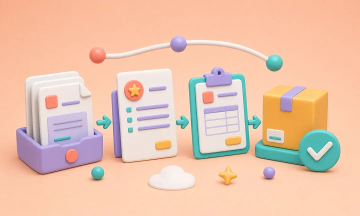 Illustration of documents moving through an approval and delivery workflow