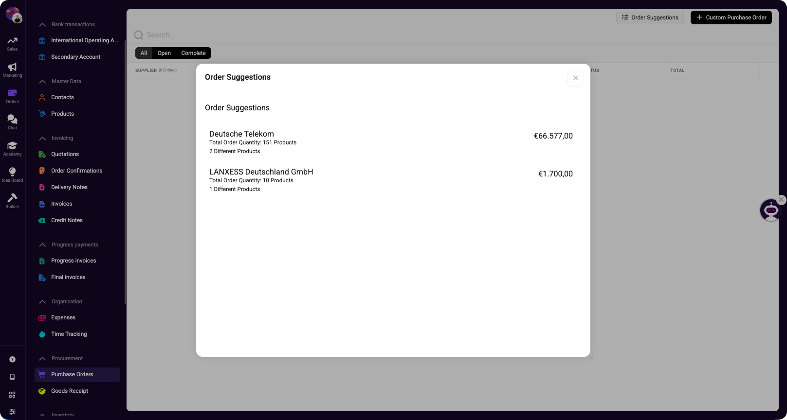 Purchase order suggestions modal showing suppliers and suggested order values