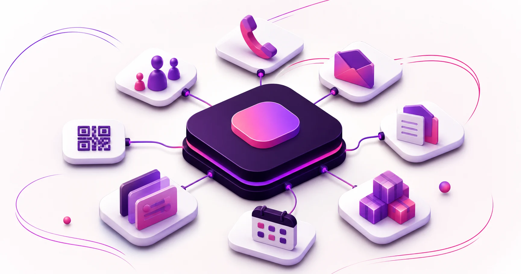 Modular business system illustration centered on a dynamic QR code module connected to messaging, phone, calendar, files, and analytics icons