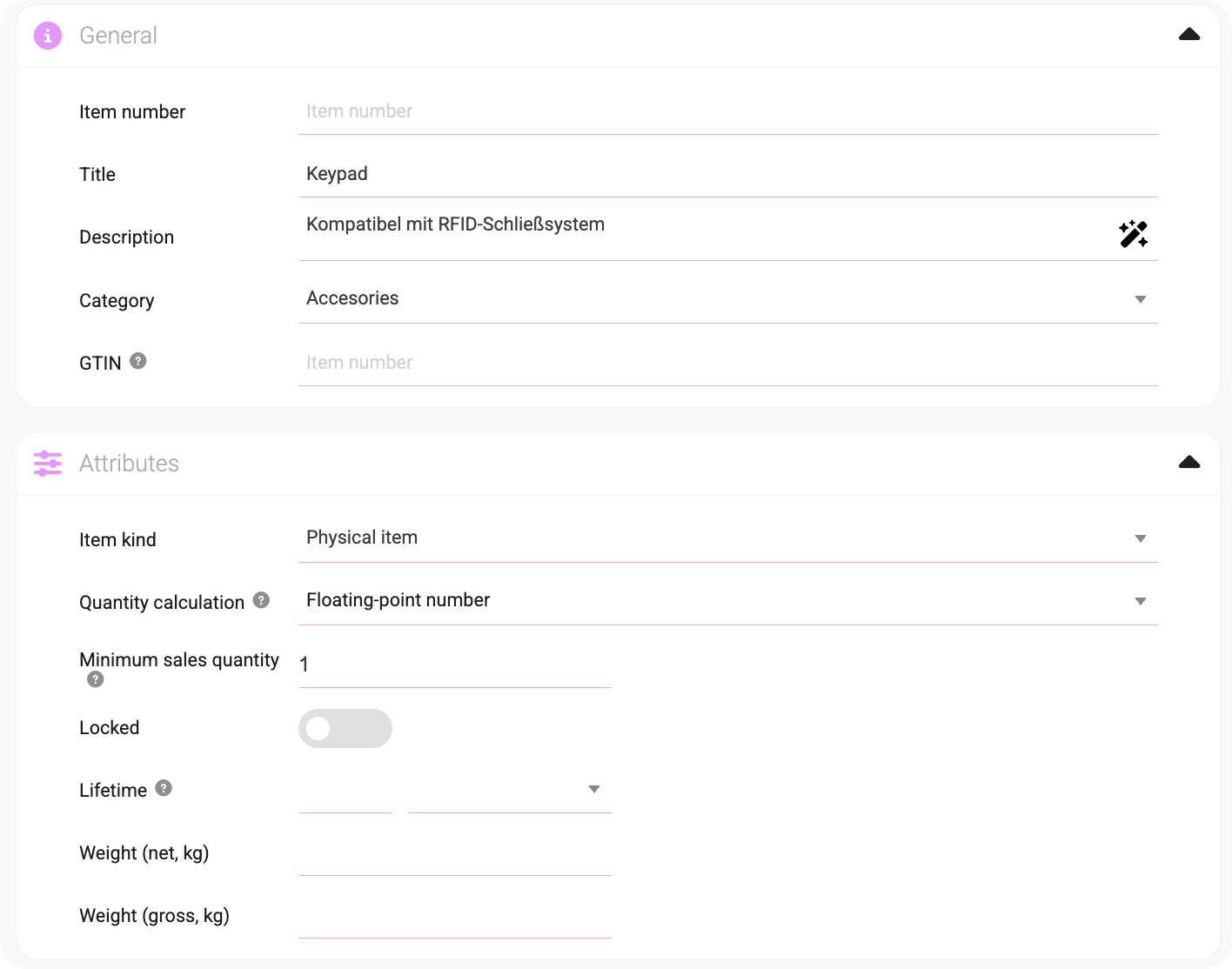 Product details form for a physical item titled Keypad, with fields for item number, description, category, GTIN, quantity calculation, minimum sales quantity, lifetime, and weights.