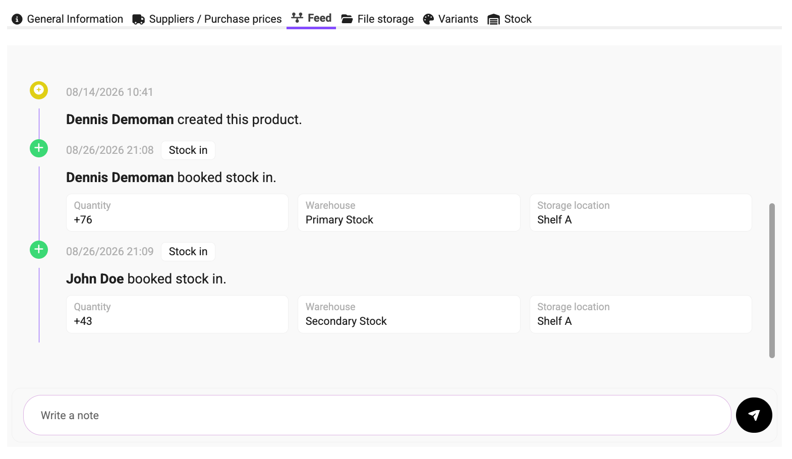 Stock activity feed showing inventory entries booked into Primary Stock and Secondary Stock, with quantities and storage locations.