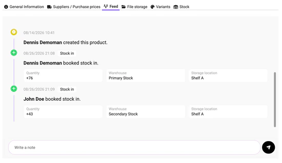 Aktivitätsfeed für Bestand mit Einträgen, gebucht auf Primary Stock und Secondary Stock, inklusive Mengen und Lagerorten.