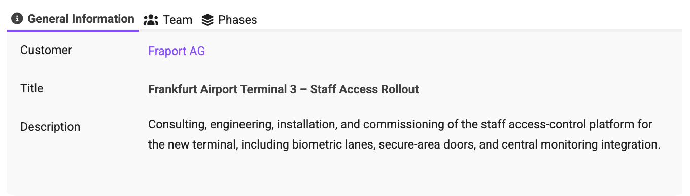 Project information panel showing customer Fraport AG and the title Frankfurt Airport Terminal 3 – Staff Access Rollout