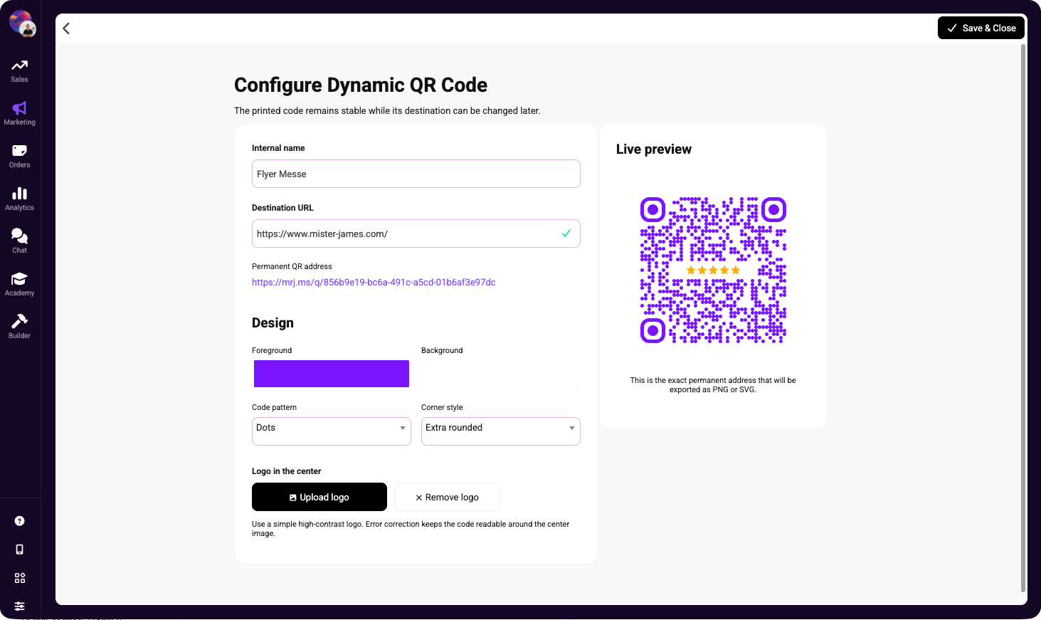 Dynamic QR code configuration screen with destination URL, design options, and a live preview of a purple QR code