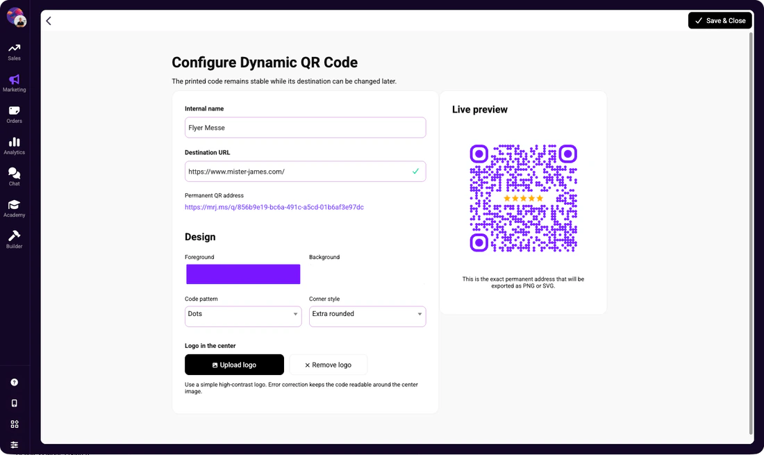 Bildschirm zur Konfiguration eines dynamischen QR-Codes mit Ziel-URL, Designoptionen und einer Live-Vorschau eines violetten QR-Codes