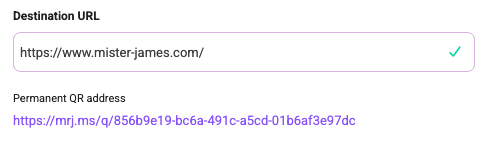 Destination URL and permanent QR address fields showing an editable target link and stable Mister James QR address