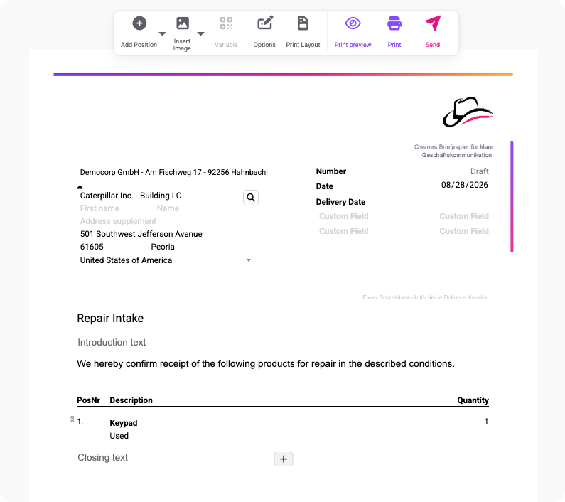 Repair intake form preview for a customer repair job, showing company and customer details, date, and a keypad item received for repair