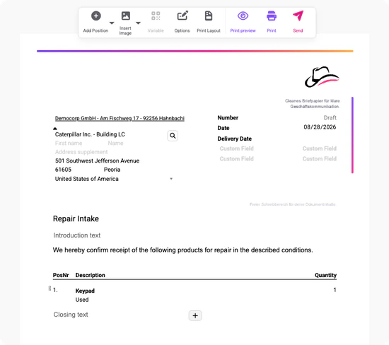 Vorschau des Reparaturannahmeformulars für einen Kundenauftrag. Zu sehen sind Firmen- und Kundendaten, Datum und ein zur Reparatur angenommenes Tastenfeld.