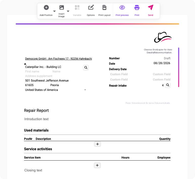 Repair report form preview with customer details, repair intake number, used materials, and service activities sections