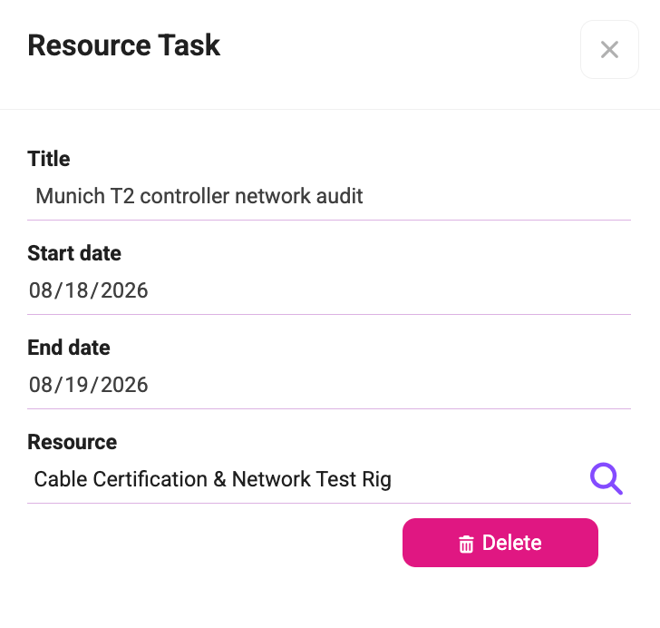 Resource task form showing a scheduled audit, start and end dates, and the selected network test rig resource.