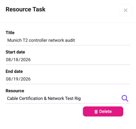 Formular für Ressourcentätigkeiten mit einem geplanten Audit, Start- und Enddatum sowie der ausgewählten Ressource für die Netzwerk-Testanlage.
