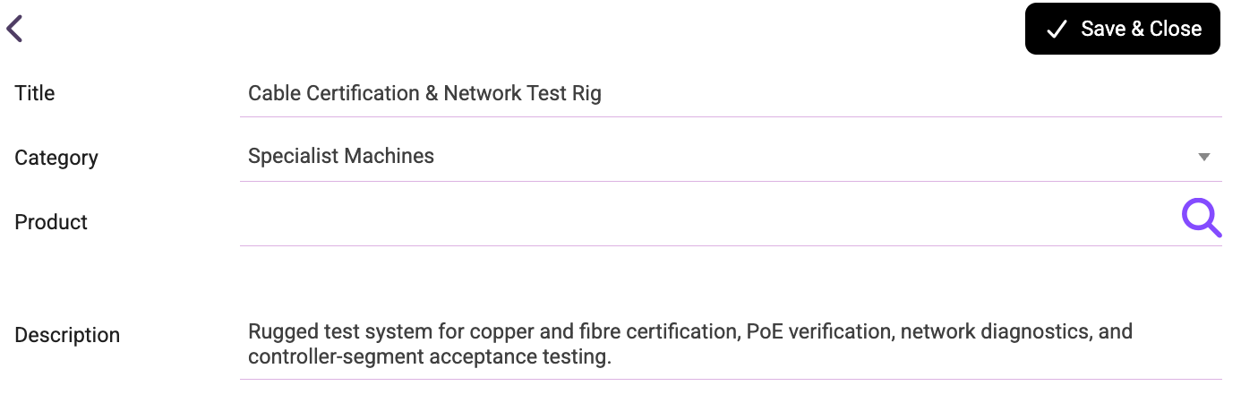Resource edit form for a cable certification and network test rig, with title, category, product, and description fields.