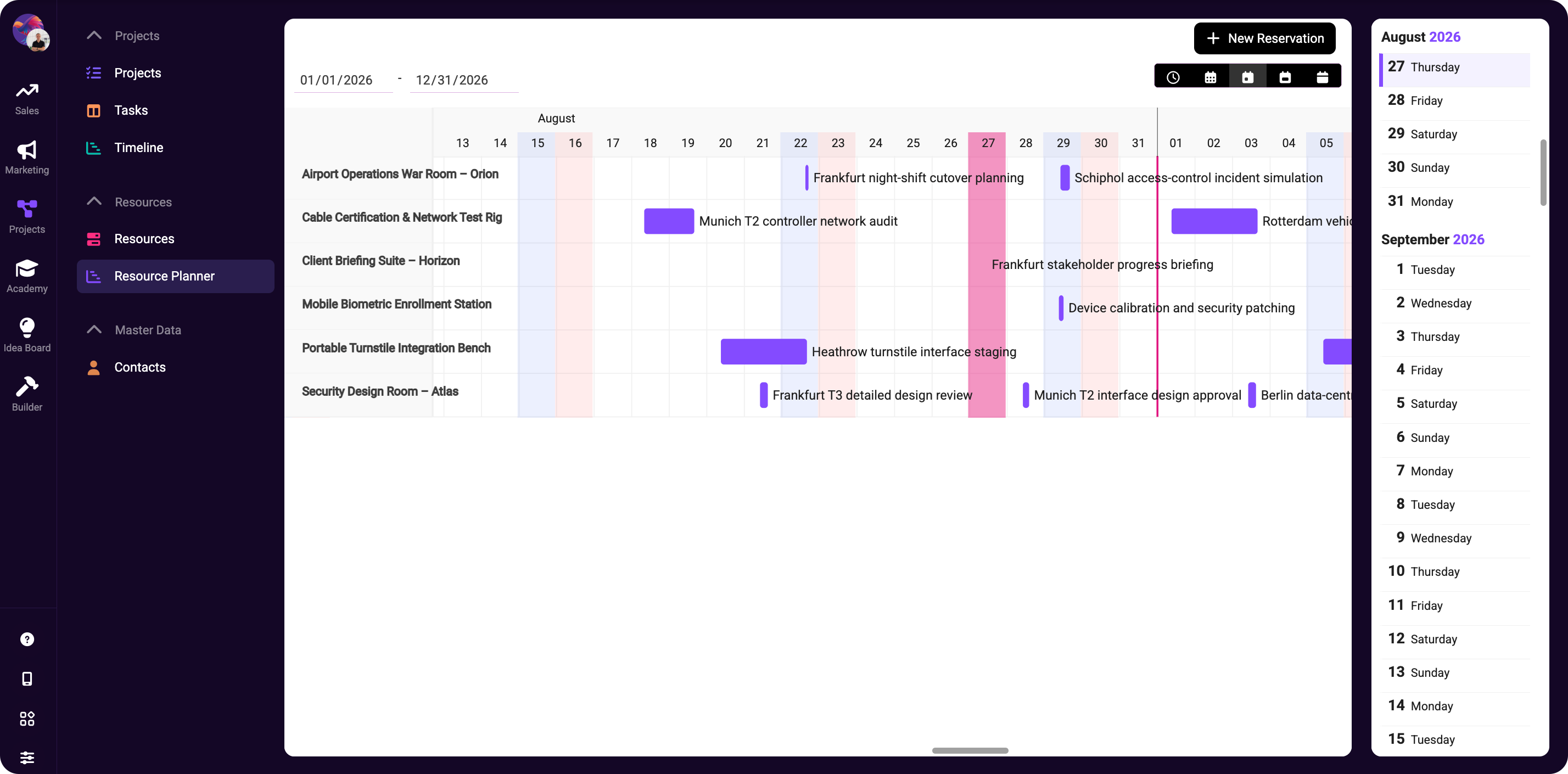 Resource planner calendar showing scheduled reservations for airport operations equipment and teams.