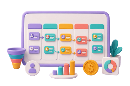 Illustration of a CRM dashboard showing pipeline cards, contacts, charts and growth indicators.