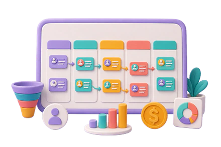 Illustration eines CRM-Dashboards mit Pipeline-Karten, Kontakten, Diagrammen und Wachstumsindikatoren.
