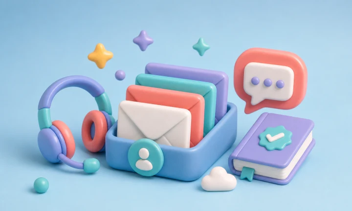 Illustration of shared inbox email automation with messages, support, and knowledge tools