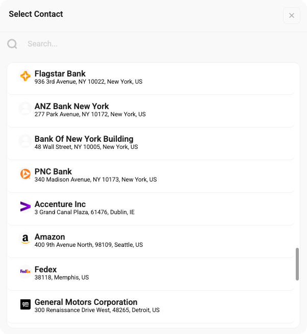 Contact selection list showing company records and addresses for placing a call.