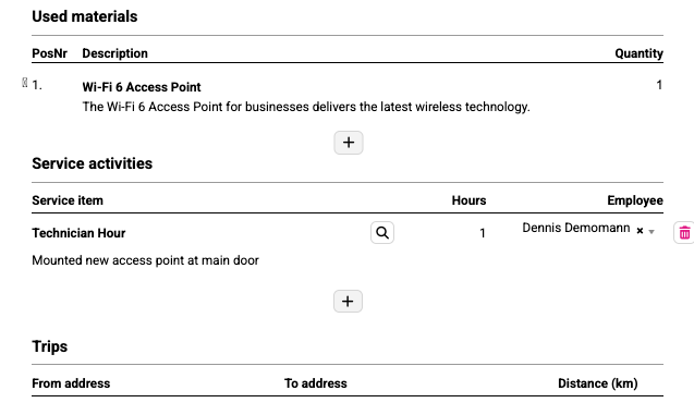 Zoomed-in service report section listing a Wi‑Fi 6 access point, technician hour, and trip details