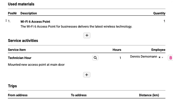 Vergrößerter Servicebericht mit einem Wi‑Fi-6-Access-Point, einer Technikerstunde und Anfahrtsdetails