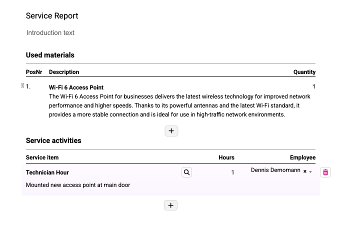 Service report showing used materials and a technician hour entry for mounting a Wi‑Fi 6 access point.
