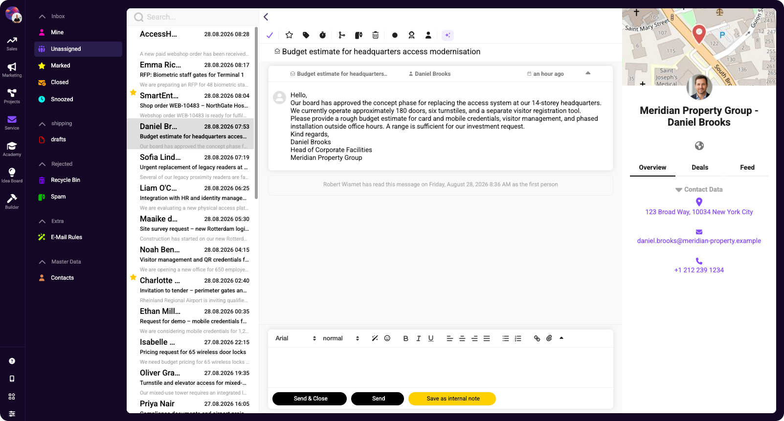 Shared email inbox showing a customer reply draft, message list, and contact details in a side panel.