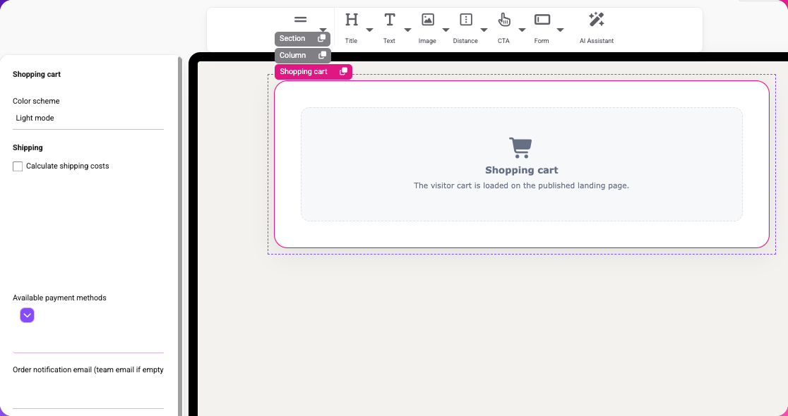 Website builder settings for a shopping cart component with shipping, payment methods, and order notification options.