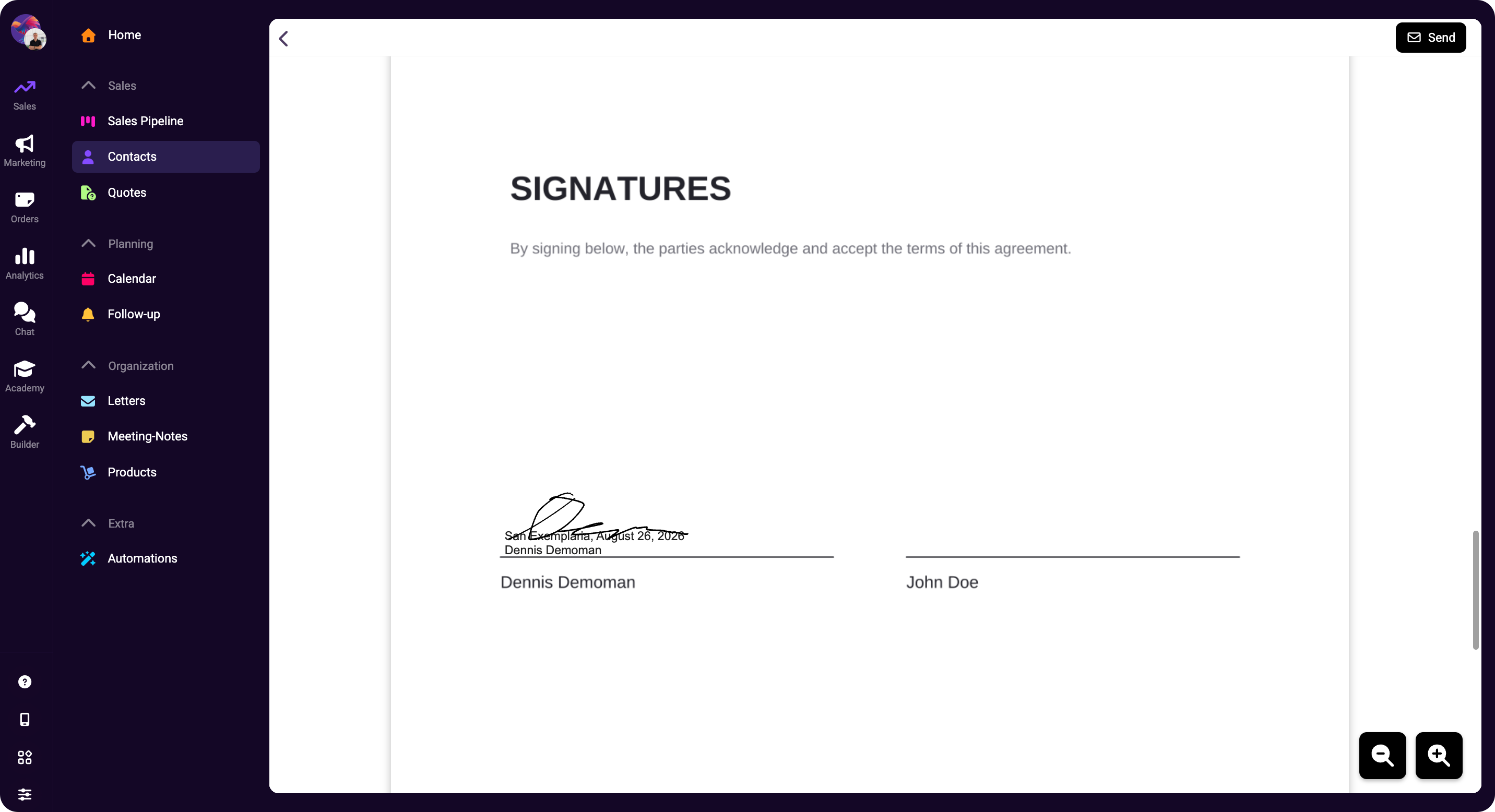 Document signing screen showing a contract signature section with two signer names and a send button in the app interface.