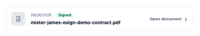 Signed contract document entry with date and an open document link in the customer portal.