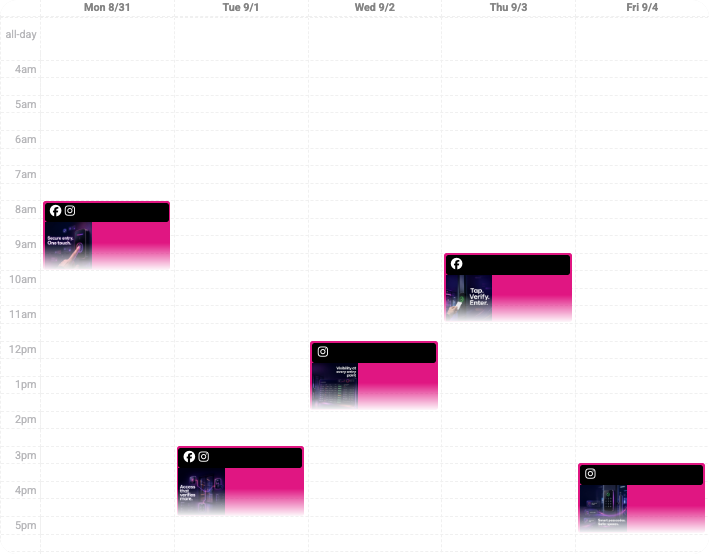 Weekly calendar showing scheduled social media posts placed at different times across several weekdays