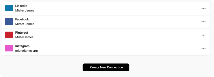 Connected social media accounts list for LinkedIn, Facebook, Pinterest, and Instagram.