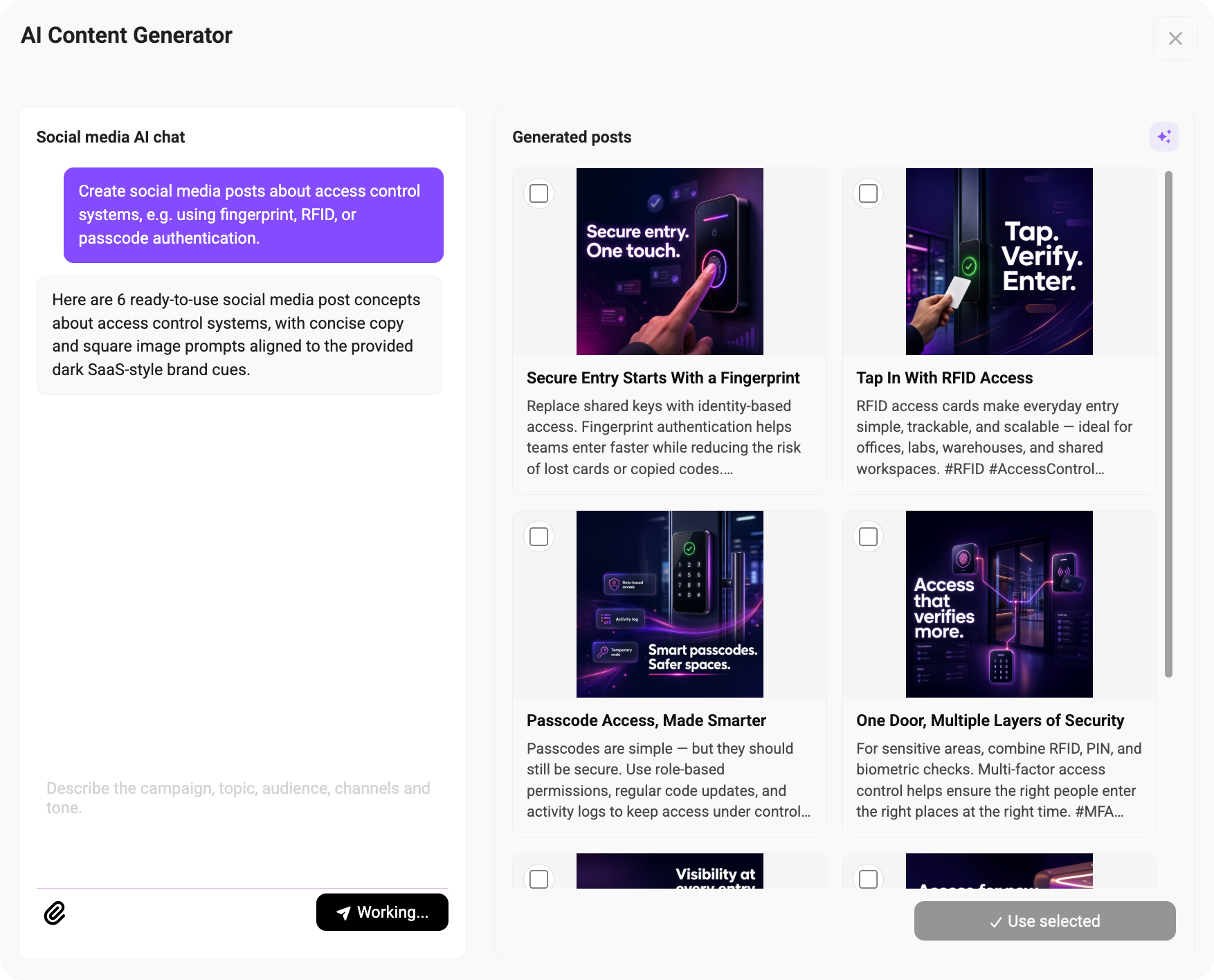 AI content generator screen showing suggested social media post ideas and generated post previews for access control topics