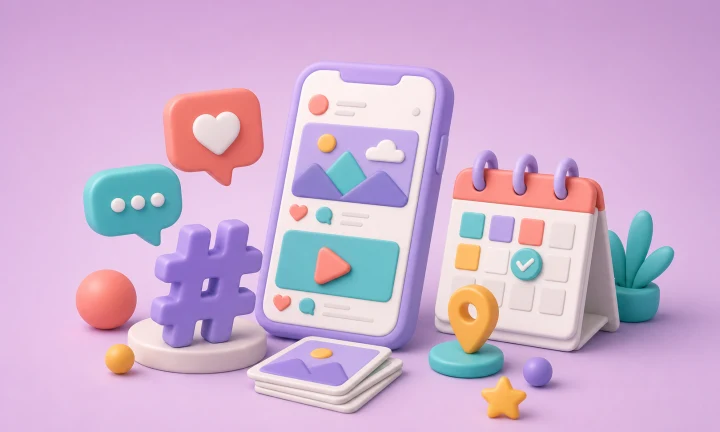 3D social media themed workspace with a phone, calendar, hashtag, chat bubbles and post icons on a purple background.