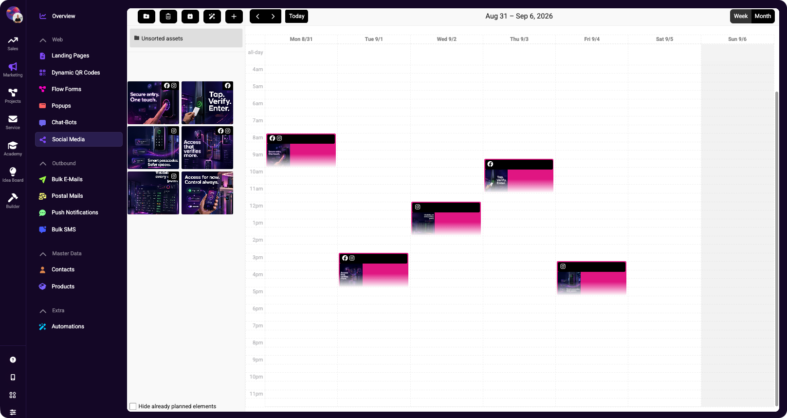 Social media content calendar with planned posts arranged across the week and connected channel icons in the left sidebar