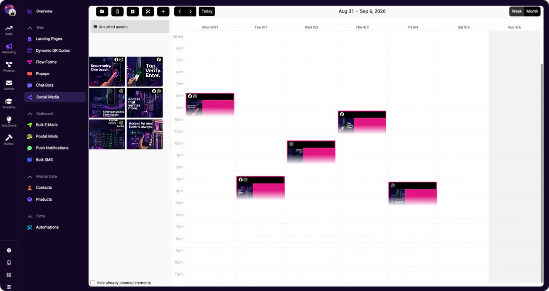 Social-Media-Content-Kalender mit geplanten Beiträgen über die Woche verteilt und verbundenen Kanal-Icons in der linken Seitenleiste